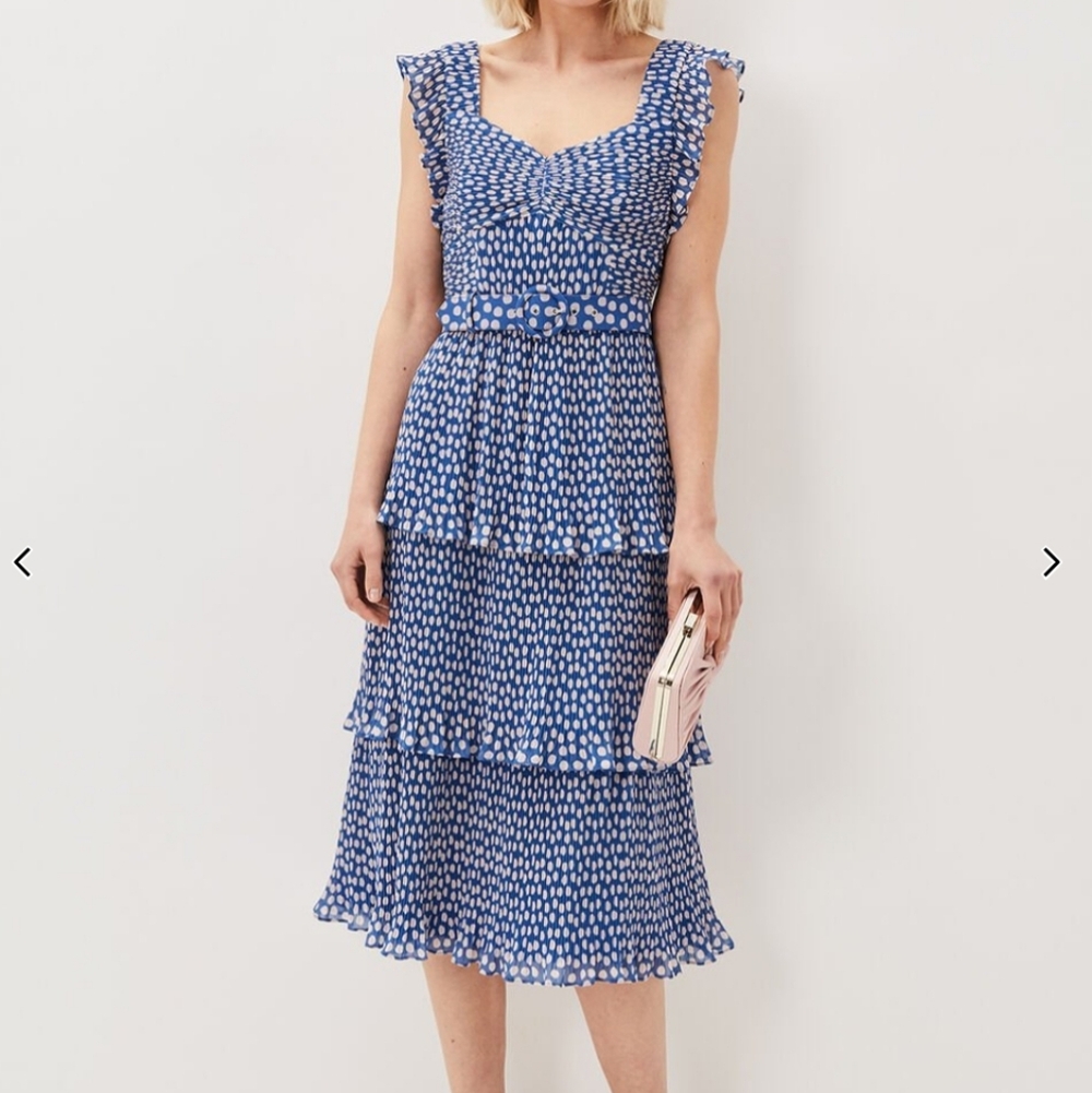 Phase Eight Lisha Spot Pleated Tiered Midi Dress Polka Dot‎ Pleated Blue 12